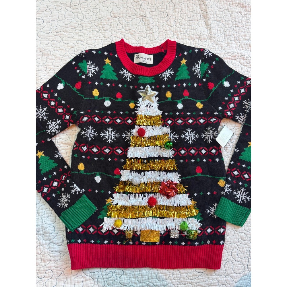 No Boundaries Women 3D Tinsel Christmas Tree Ugly Holiday Sweater Small 4-6